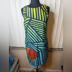 Desigual blue green striped pattern artsy circular patch Sheath Dress Size 10/12